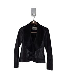 GUESS Jacket Womens Small Black Faux Leather Shawl Collar Zip Pockets Lined Moto